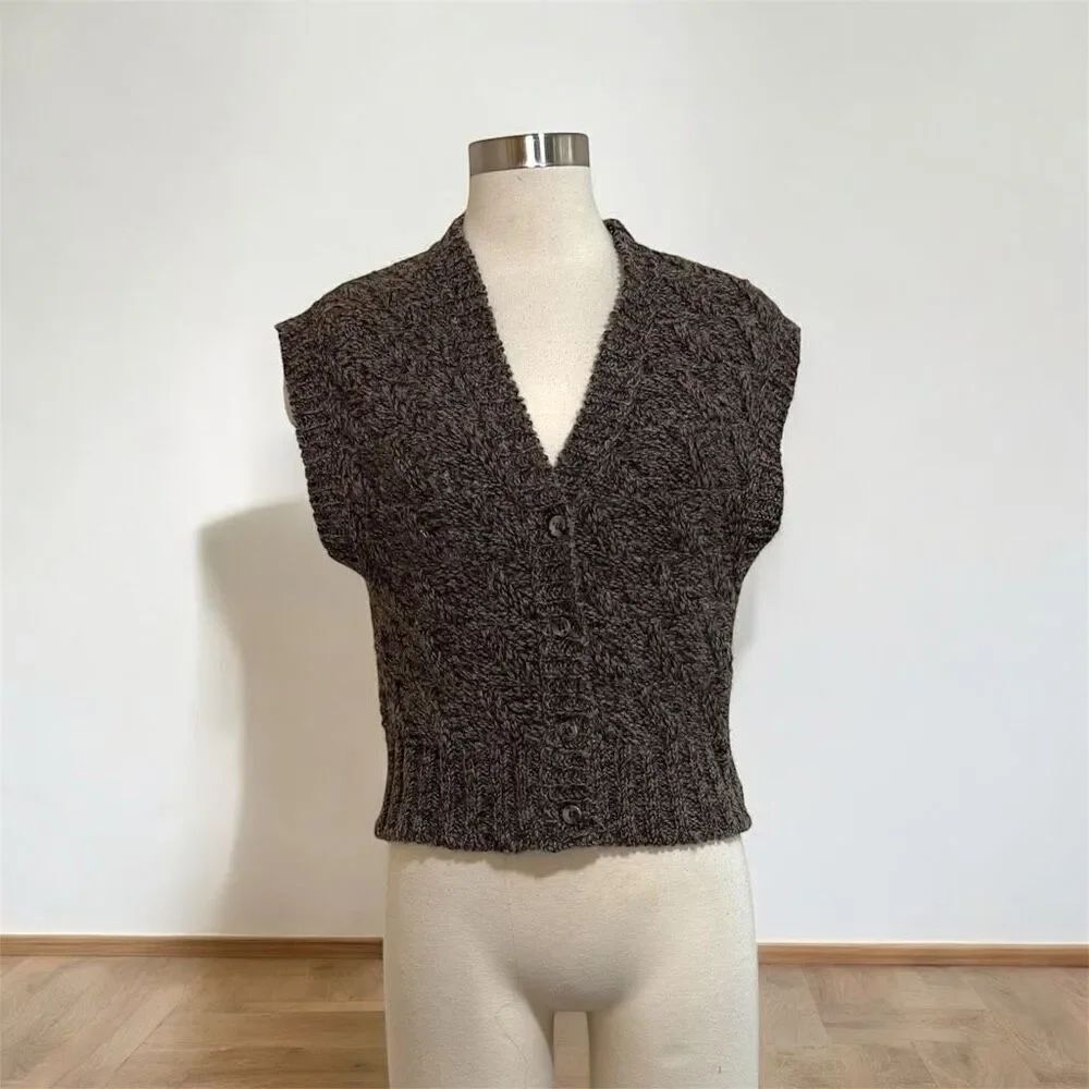 Vintage 1960s Jaeger Tan Thick Sweater Vest Medium 60s Button Down
